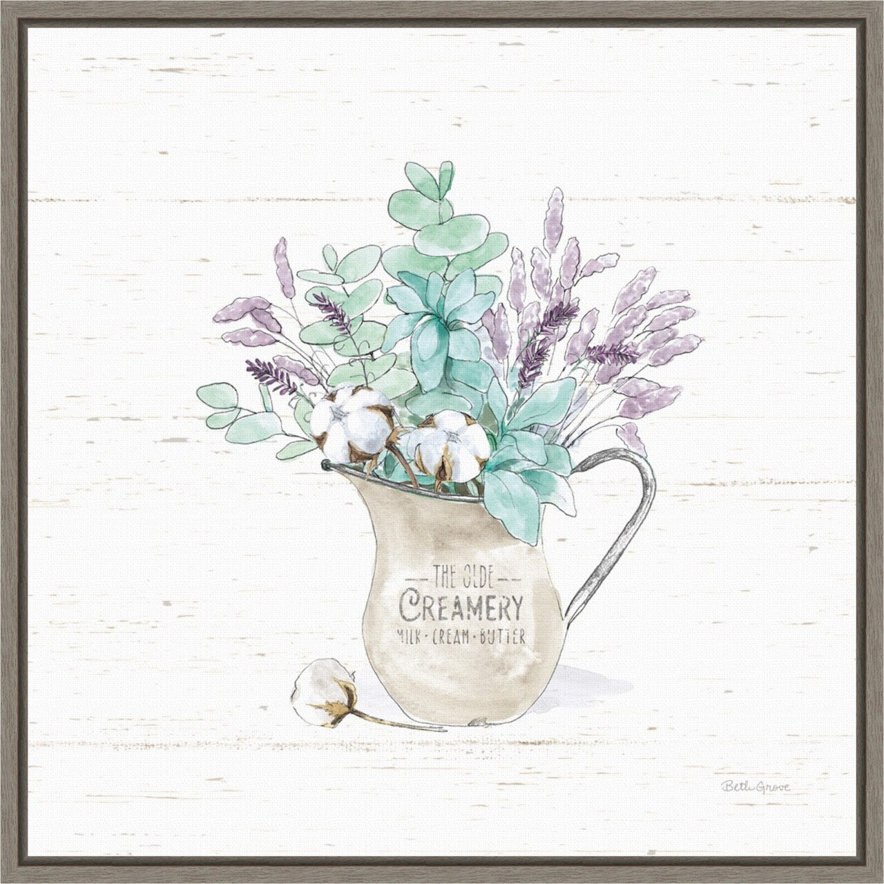Farmhouse Cotton II Bouquet in Vase by Beth Grove 16-in. W x 16-in. H. Canvas Wall Art Print Framed in Grey